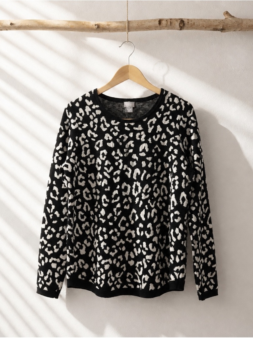 Chico's Black and White Leopard Print Crewneck Sweater